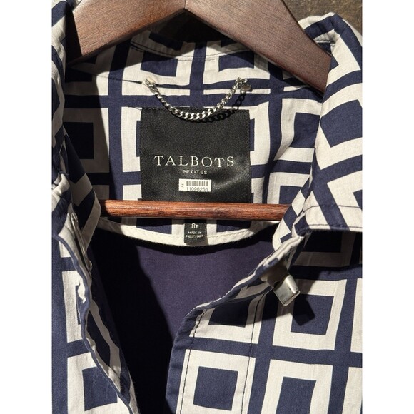 TALBOTS PET NAVY BLUE WHITE GEOMETRICAL SQUARE ART RAIN JACKET COAT TOP 8P $139 - Picture 4 of 9